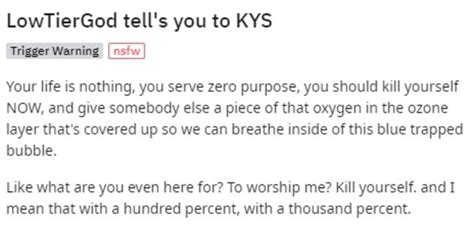 Kill yourself copypasta - Low Tier God. Money, Dear Boy: His ultimate MO. Life equals time plus revenue. Meme Acknowledgement: He is well aware of the "You Should Kill Yourself...NOW!" image, and he even made it an emote for his Twitch channel. Role-Ending Misdemeanor: Following a vicious transphobic rant against another FGC member in April 2020, Wilson has been banned ...
